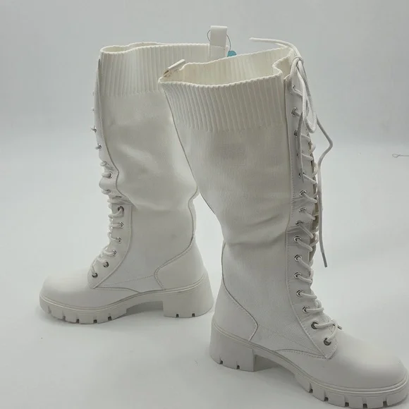 Women's White Knee-High Lace-Up Boots PU and Knit Material New - Picture 12 of 16